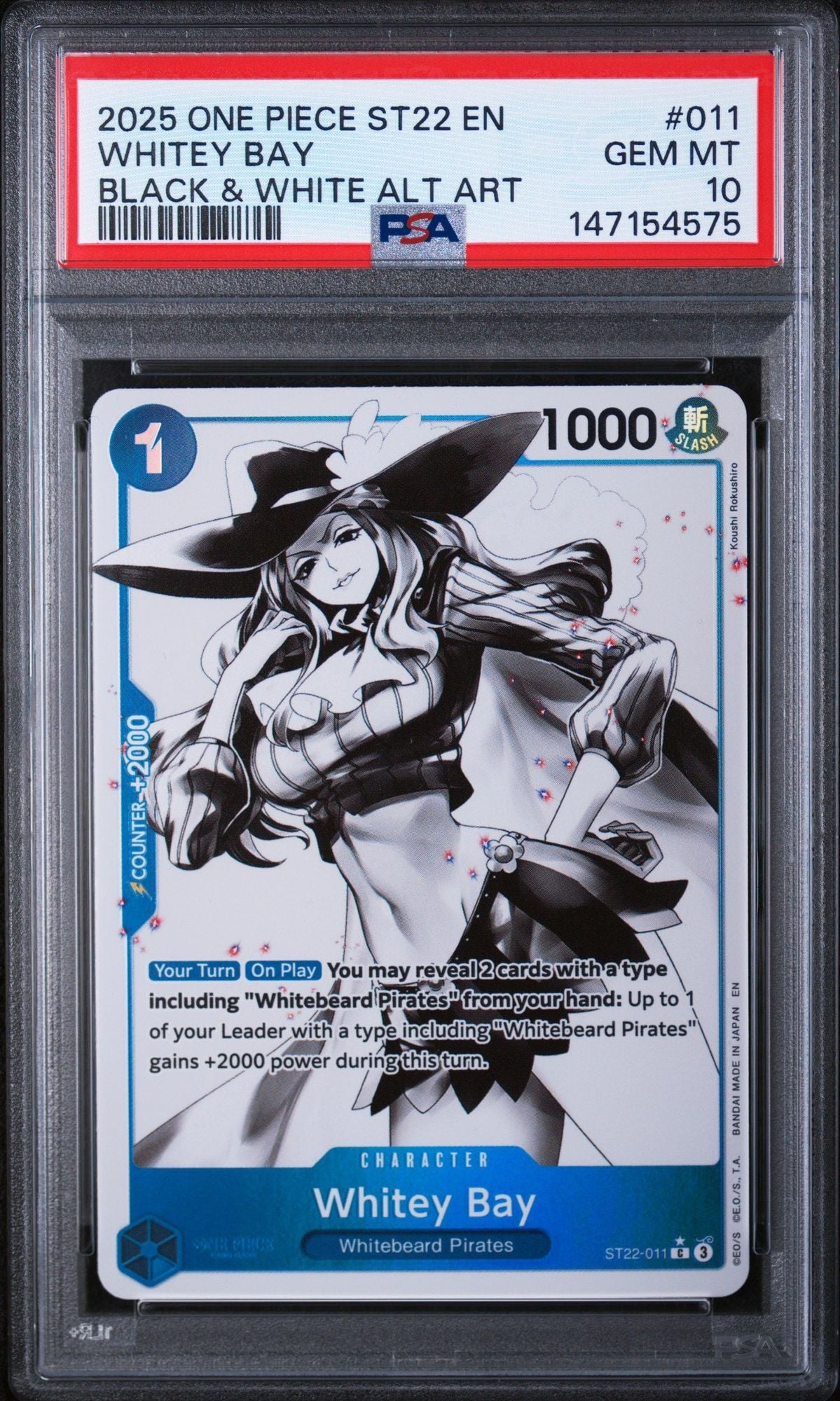 Graded 2025 One Piece Whitey bay #011 ST22 Black & White Alternate Art Trading Card Game PSA 10 Gem Mint
