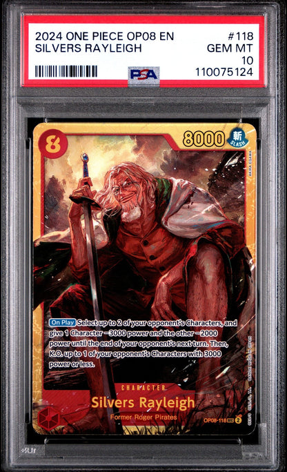 Graded 2024 EN One Piece Silvers Rayleigh #118 OP08 Trading Card Game PSA 10 Gem Mint