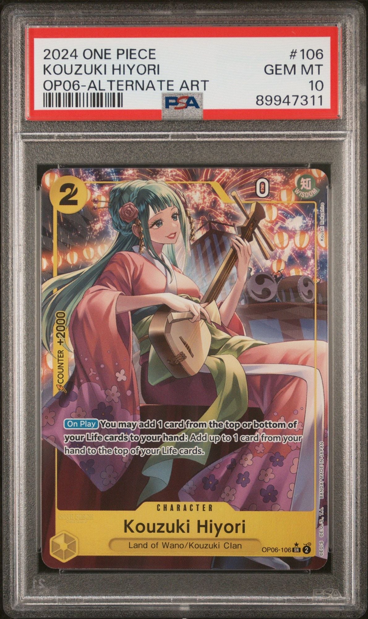 Graded 2024 EN One Piece Kozuki Hiyori #106 OP06 Alternate Art Wings of the Captain Trading Card Game PSA 10 Gem Mint