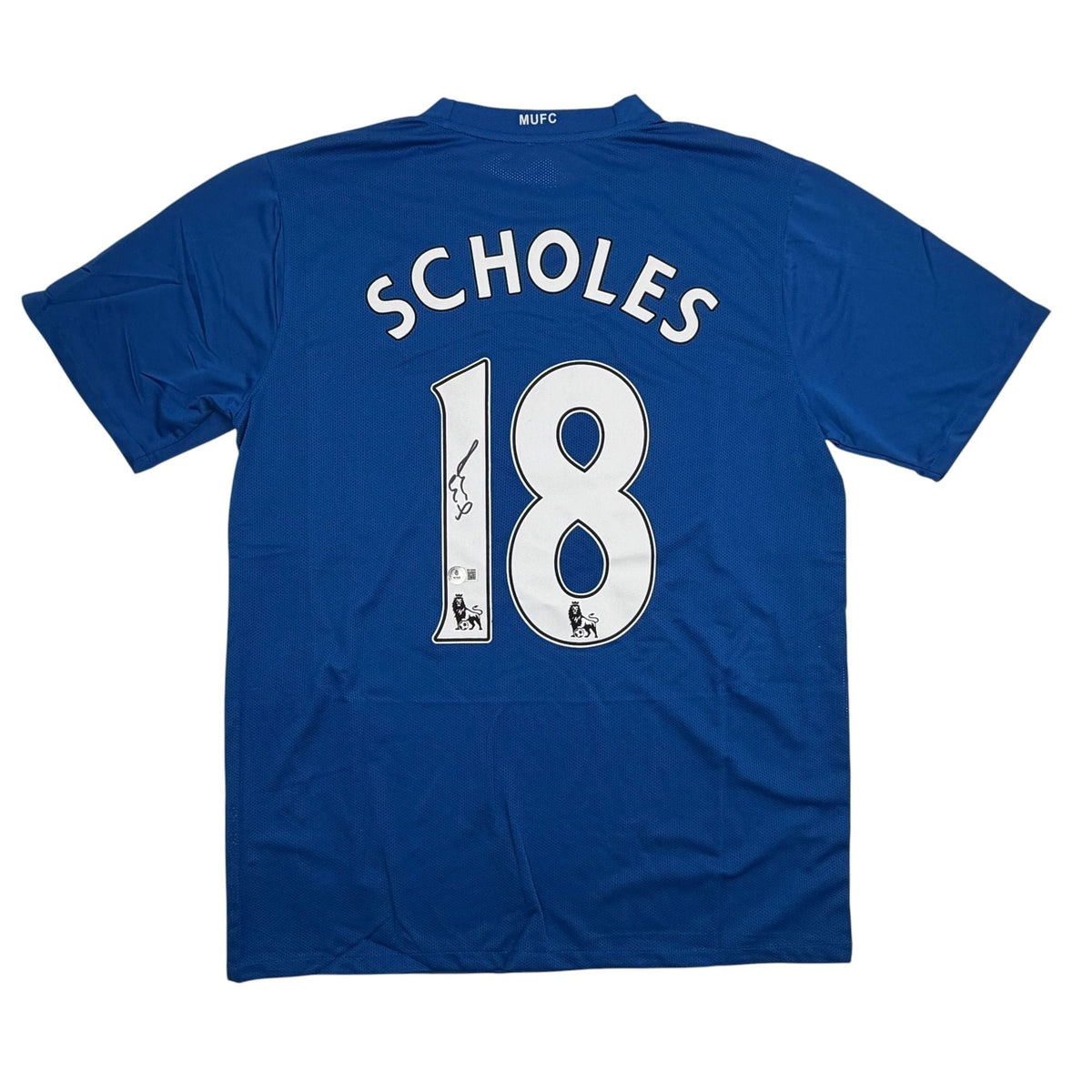 Autographed/Signed Paul Scholes Manchester United Blue Soccer Futbol Jersey Beckett BAS COA