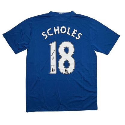 Autographed/Signed Paul Scholes Manchester United Blue Soccer Futbol Jersey Beckett BAS COA