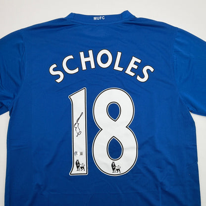 Autographed/Signed Paul Scholes Manchester United Blue Soccer Futbol Jersey Beckett BAS COA