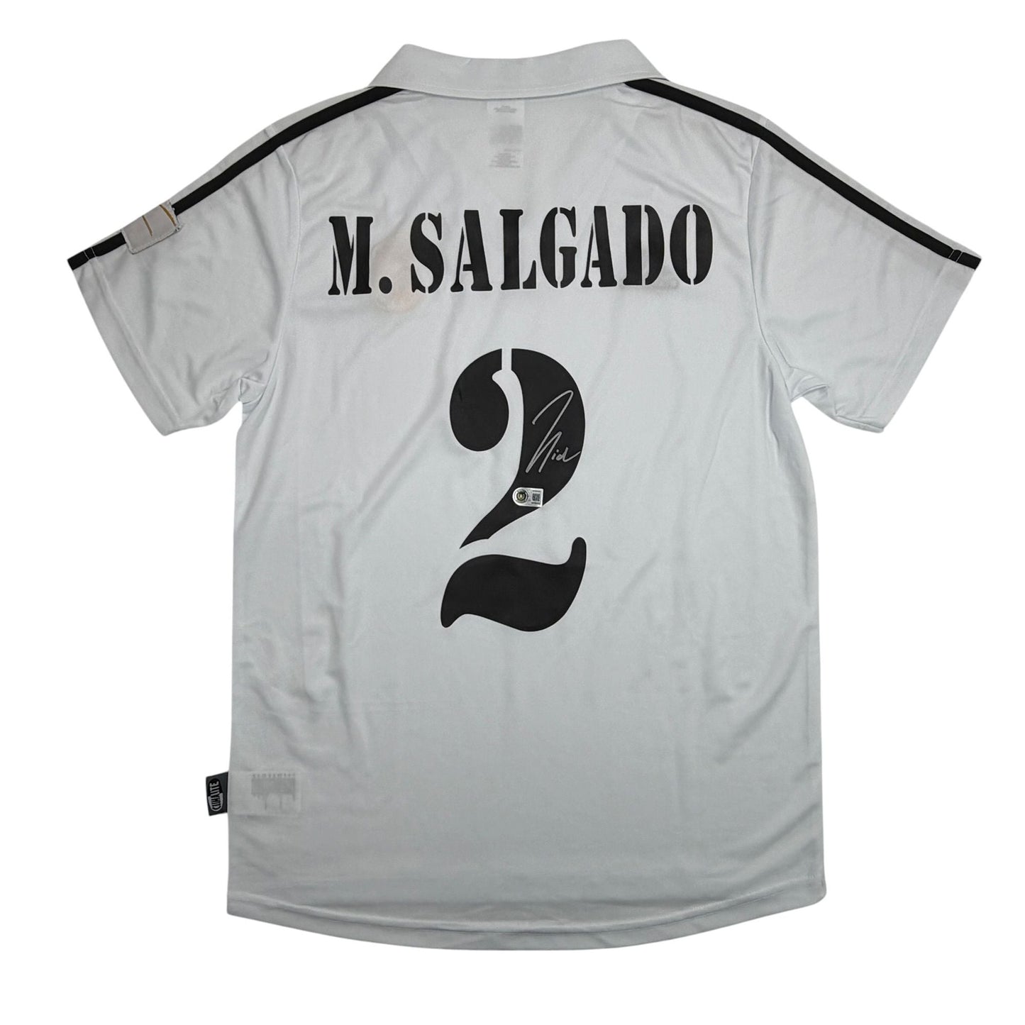 Autographed/Signed Michel Salgado Real Madrid White Soccer Futbol Jersey Beckett BAS COA