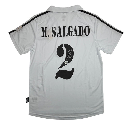 Autographed/Signed Michel Salgado Real Madrid White Soccer Futbol Jersey Beckett BAS COA