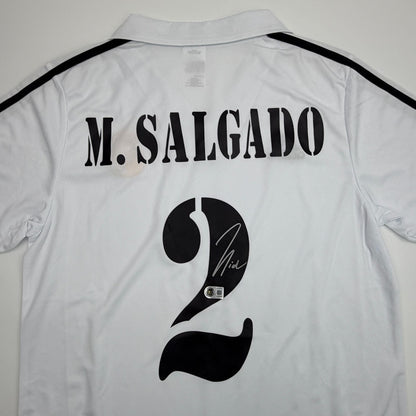 Autographed/Signed Michel Salgado Real Madrid White Soccer Futbol Jersey Beckett BAS COA