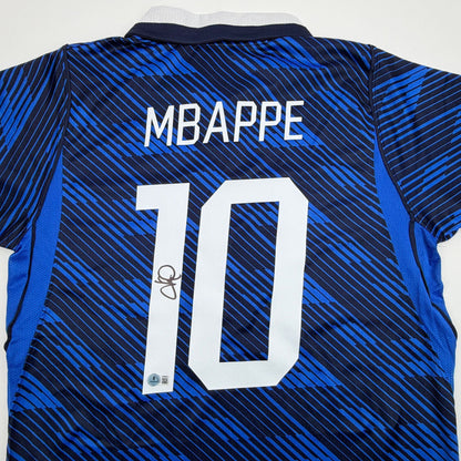 Autographed/Signed Kylian Mbappe France World Cup Blue Soccer Jersey Beckett BAS COA