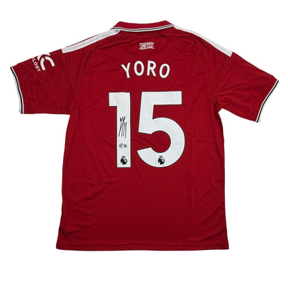 Autographed/Signed Leny Yoro Manchester United Red Soccer Futbol Jersey Beckett BAS COA