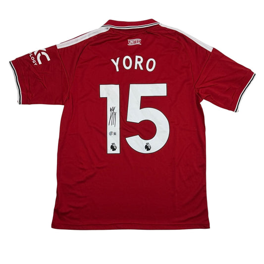 Autographed/Signed Leny Yoro Manchester United Red Soccer Futbol Jersey Beckett BAS COA