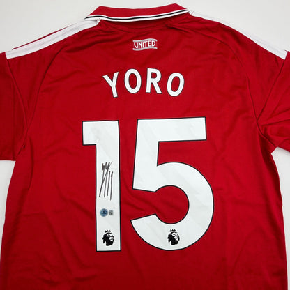 Autographed/Signed Leny Yoro Manchester United Red Soccer Futbol Jersey Beckett BAS COA
