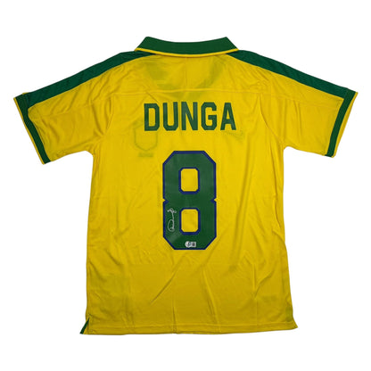 Autographed/Signed Carlos Dunga Brazil Yellow Soccer Futbol Jersey Beckett BAS COA