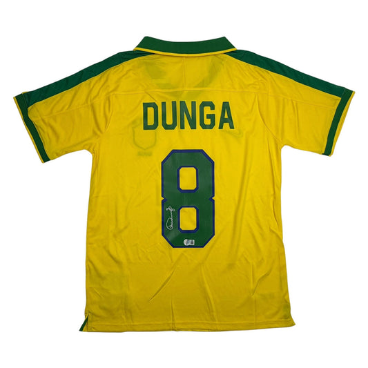 Autographed/Signed Carlos Dunga Brazil Yellow Soccer Futbol Jersey Beckett BAS COA