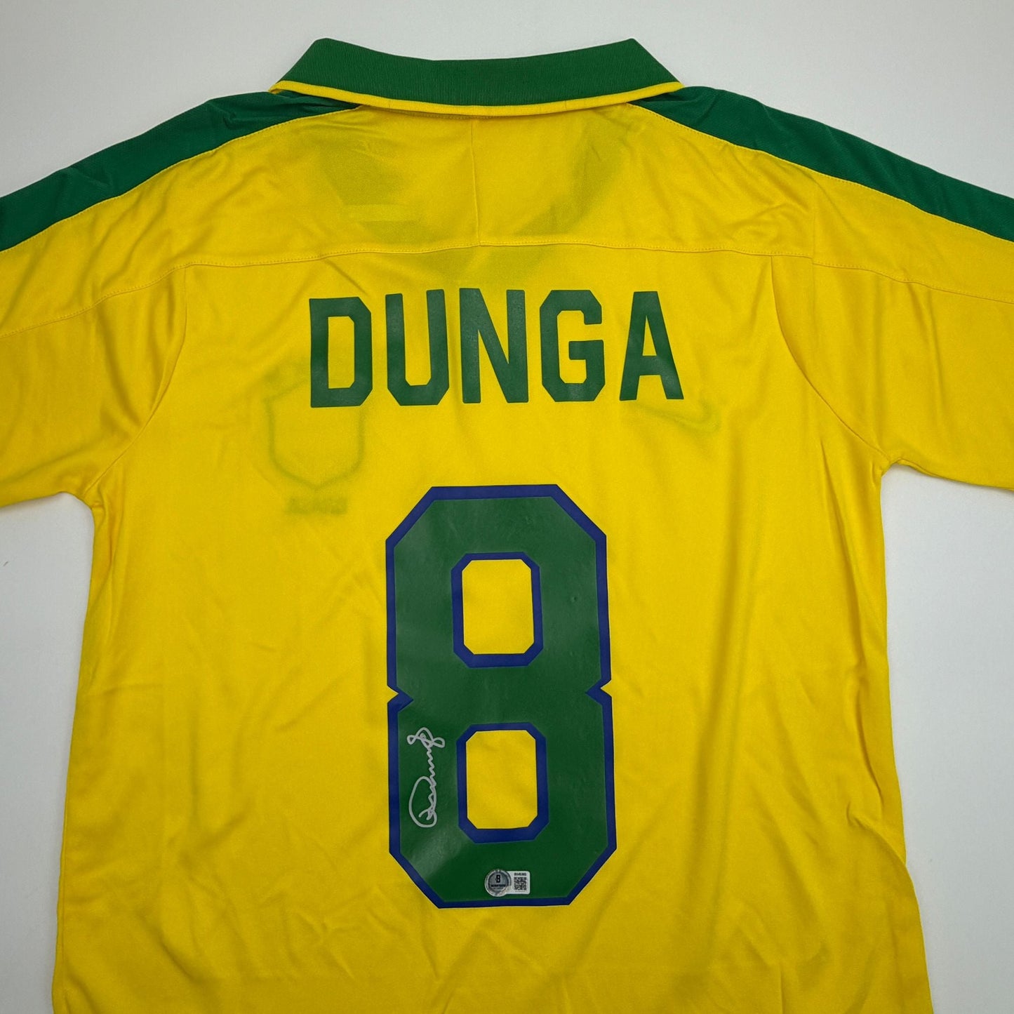 Autographed/Signed Carlos Dunga Brazil Yellow Soccer Futbol Jersey Beckett BAS COA