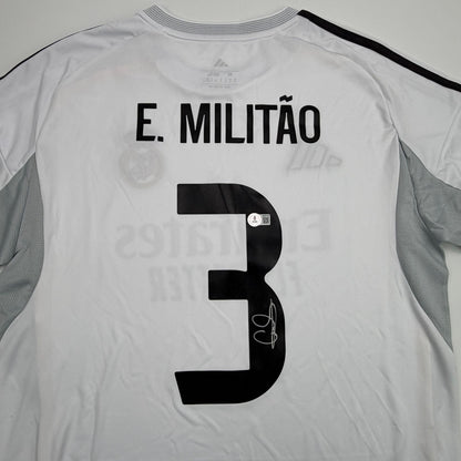 Autographed/Signed Eder Militao Real Madrid White Soccer Futbol Jersey Beckett BAS COA