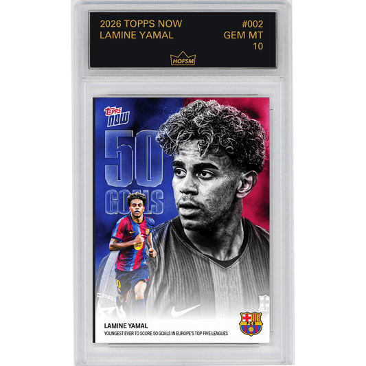 Graded 2026 Topps Now Lamine Yamal #002 Youngest Ever to Score 50 Goals in Euorpe's Top 5 Leagues FC Barcelona Soccer Card HOFSM  10 Gem Mint