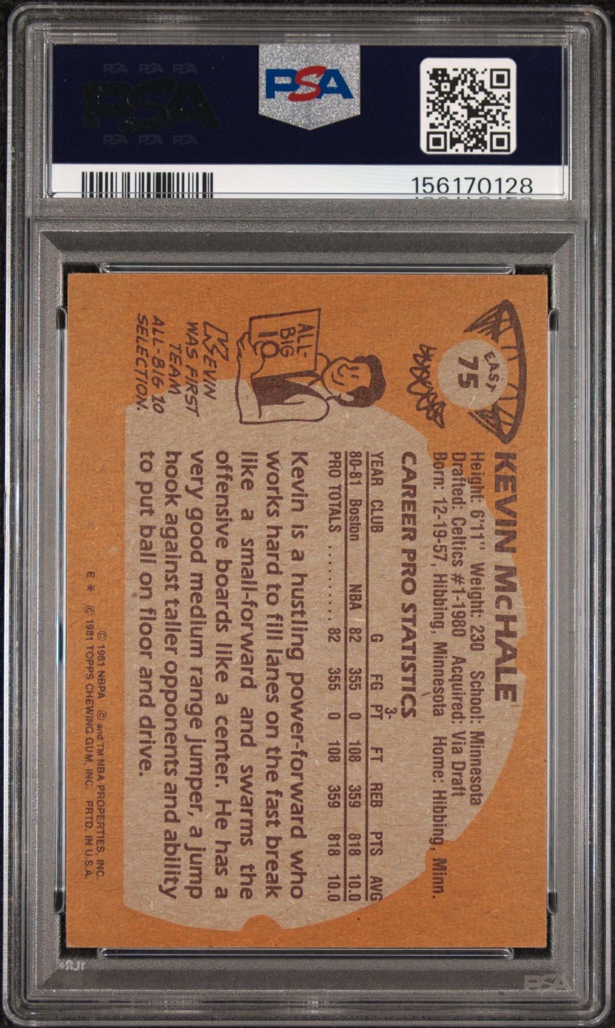 Graded 1981 Topps Kevin McHale #75 East Autographed Rookie RC Basketball Card PSA/DNA Auto 10