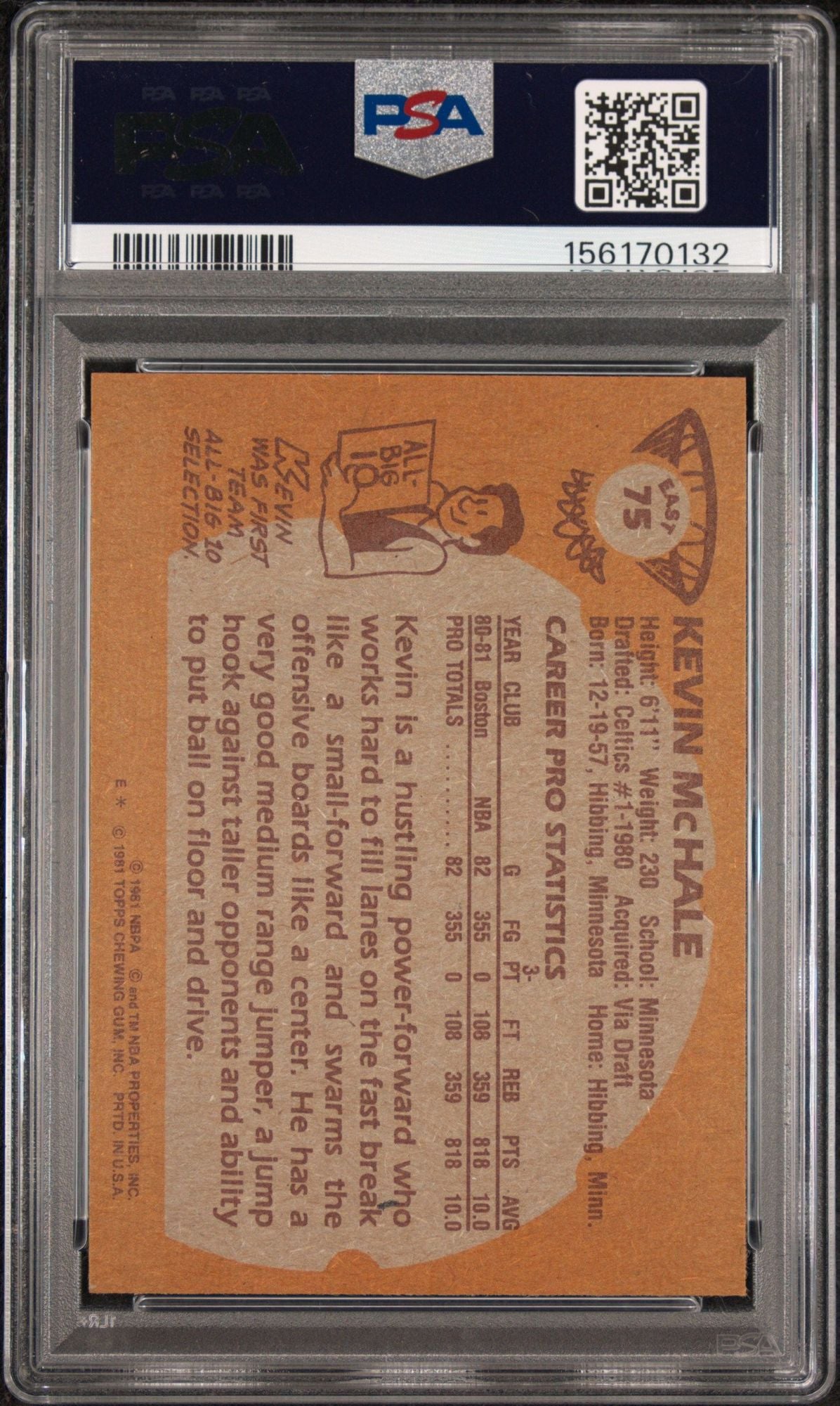 Graded 1981 Topps Kevin McHale #75 East Autographed Rookie RC Basketball Card PSA/DNA Auto 9