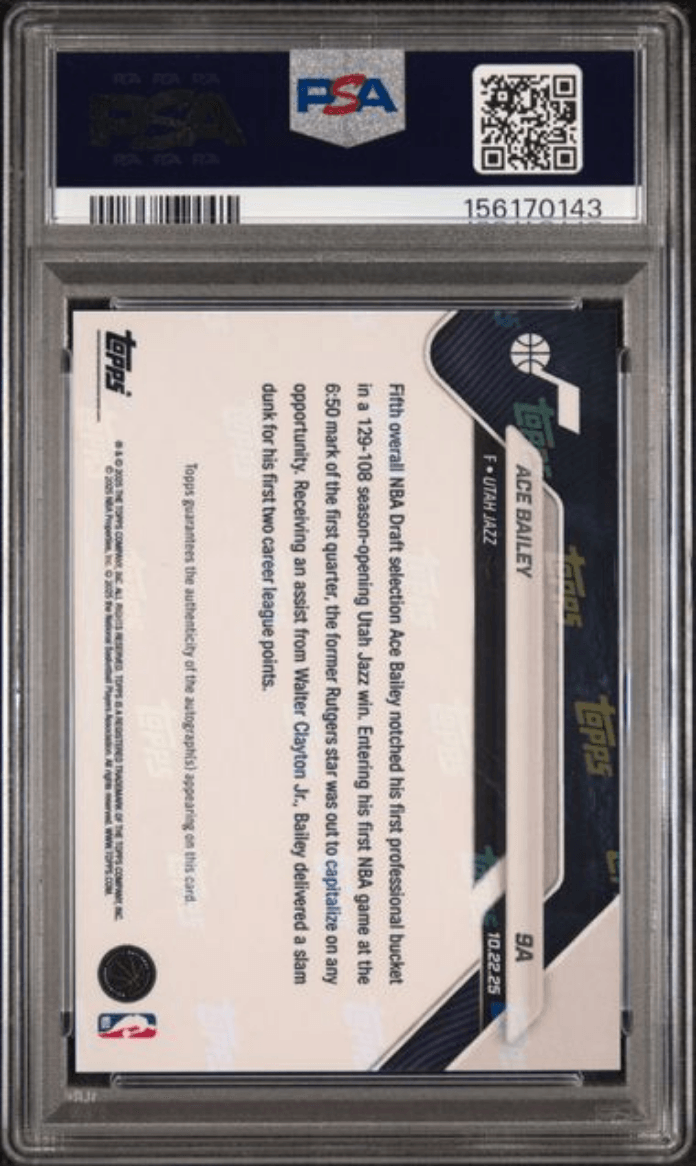 Graded 2025 Topps Now Ace Bailey #9A Black Foil Auto /10 Rookie RC Basketball Card PSA AUTH Auto 10 Gem Mint