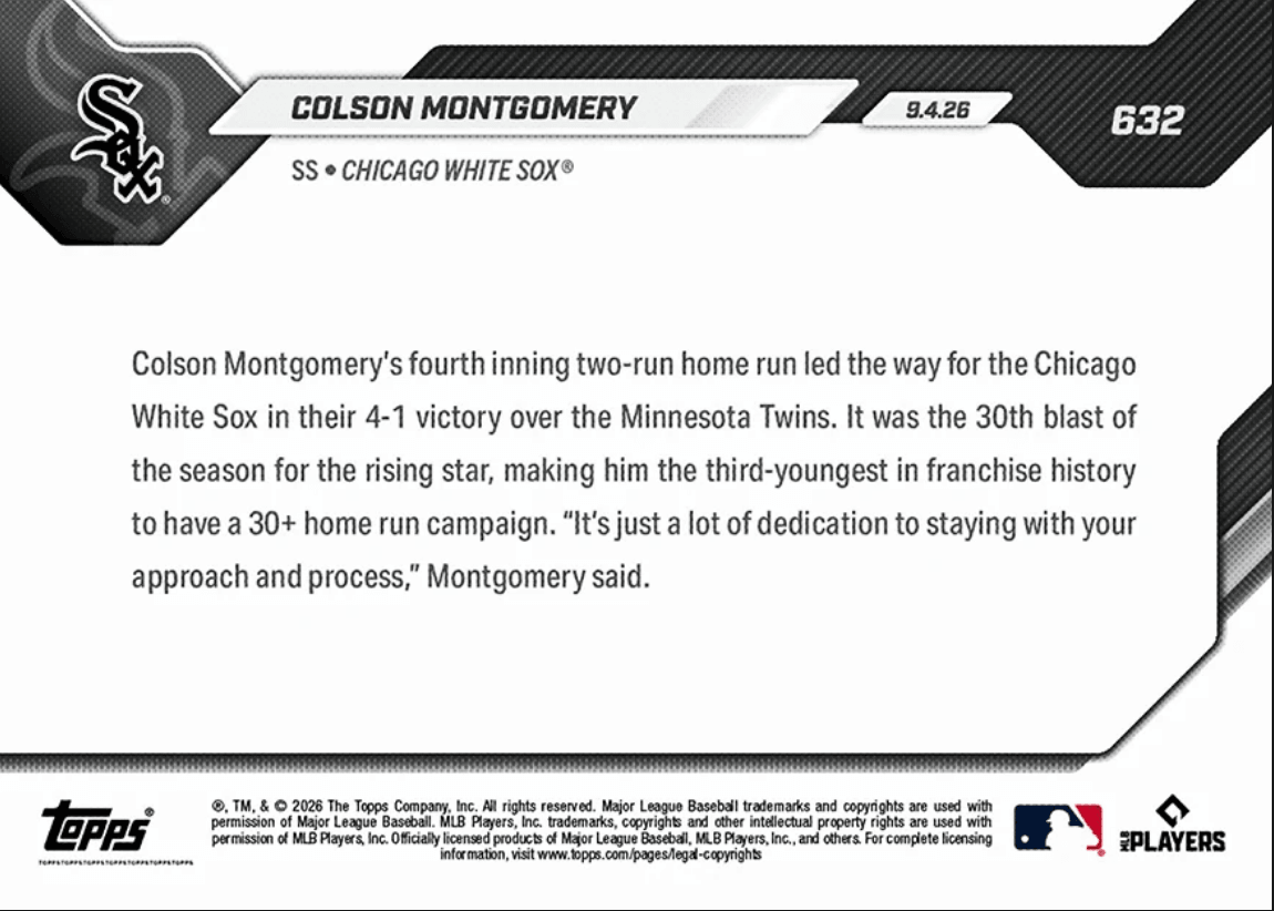 2026 Topps Now Colson Montgomery #632 3rd Youngest in Franchise History with 30+ HR Season Chicago White Sox Rookie RC Baseball Card