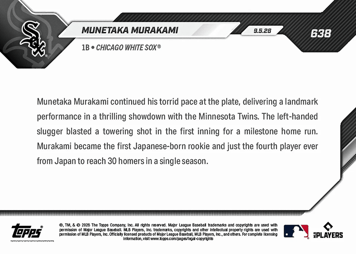 2026 Topps Now Munetaka Murakami #638 1st Ever 30 HR Season By a Japanese Born Rookie Chicago White Sox Rookie RC Baseball Card