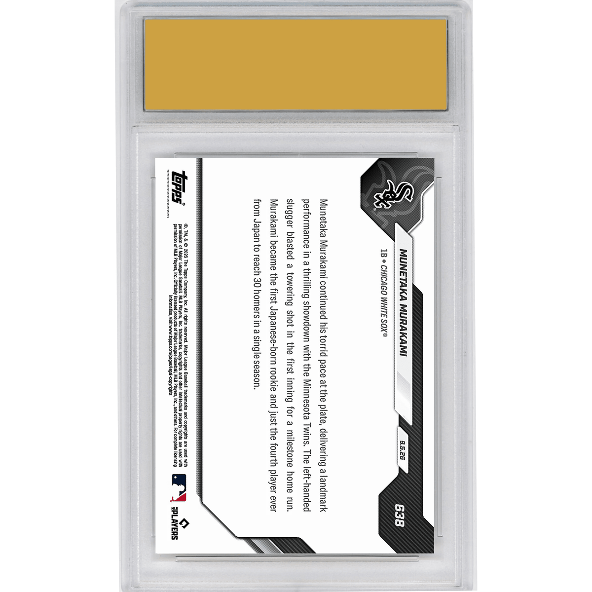 Graded 2026 Topps Now Munetaka Murakami #638 1st Ever 30 HR Season By a Japanese Born Rookie Chicago White Sox Rookie RC Baseball Card HOFSM 10 Gem Mint
