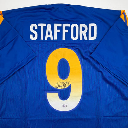 Autographed/Signed Matthew Stafford Los Angeles LA Blue Football Jersey Beckett BAS COA