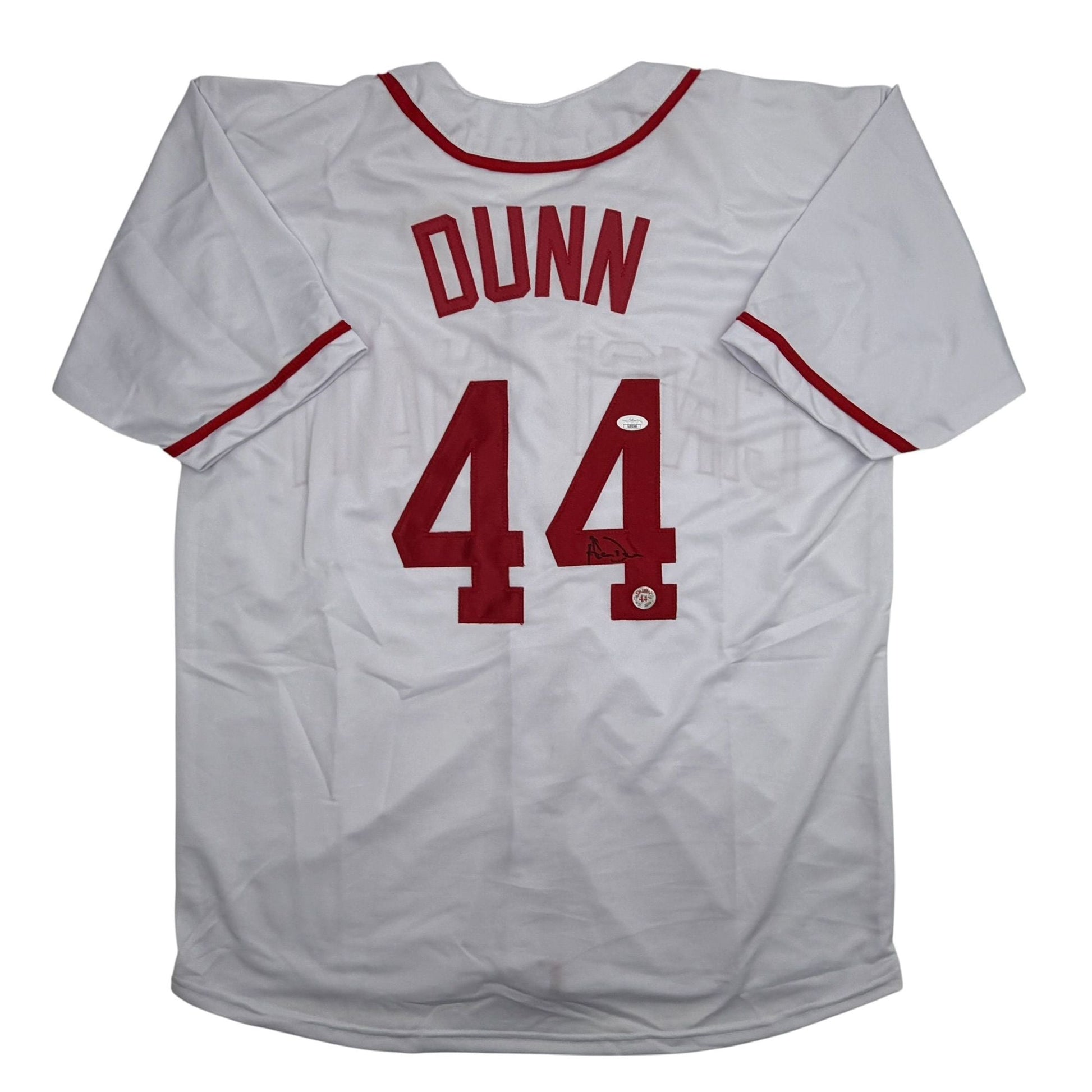 Autographed/Signed Adam Dunn Cincinnati White Baseball Jersey JSA COA