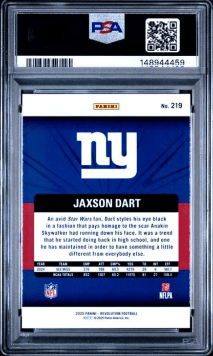Graded 2025 Panini Revolution Jaxson Dart #16 Rookie RC Football Card PSA 10 Gem Mint
