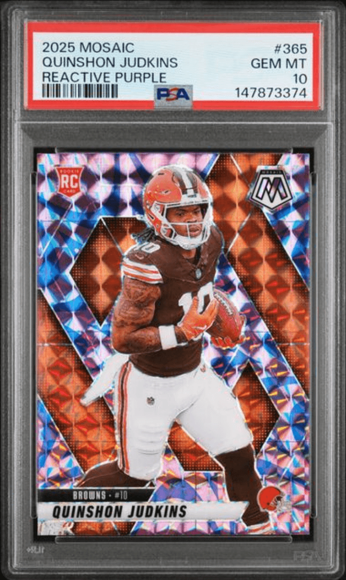 Graded 2025 Panini Mosaic Quinshon Judkins #365 Reactive Purple Rookie RC Football Card PSA 10 Gem Mint