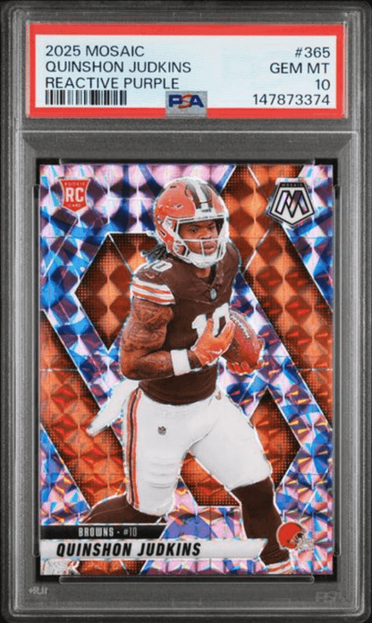 Graded 2025 Panini Mosaic Quinshon Judkins #365 Reactive Purple Rookie RC Football Card PSA 10 Gem Mint