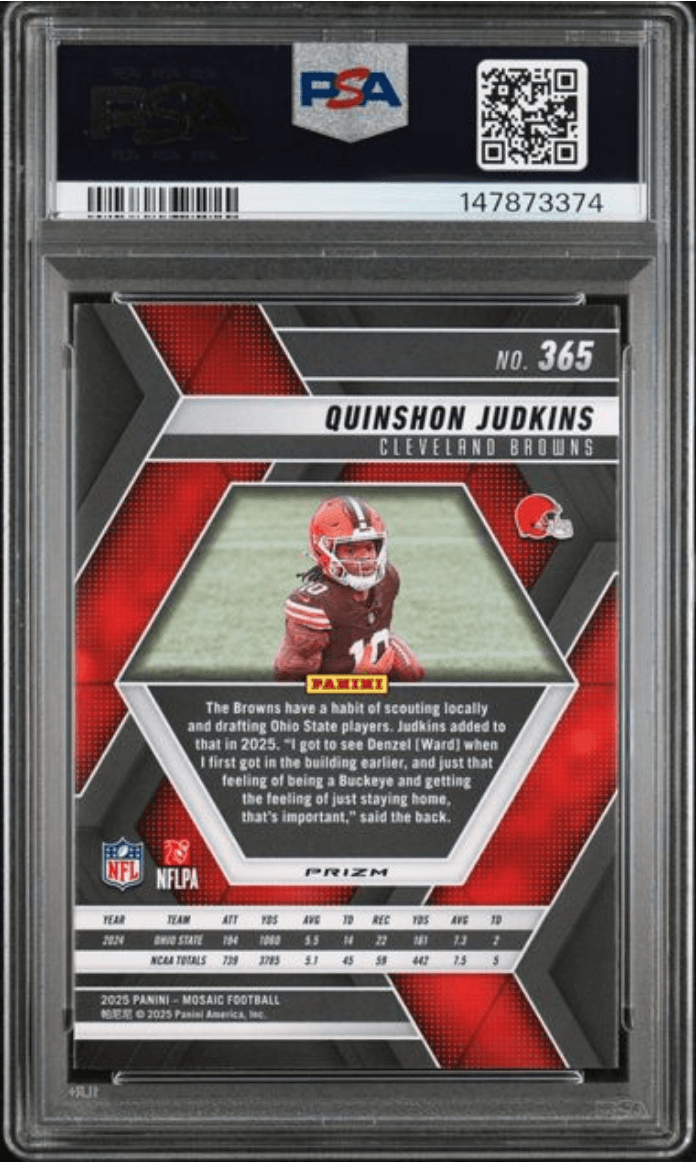 Graded 2025 Panini Mosaic Quinshon Judkins #365 Reactive Purple Rookie RC Football Card PSA 10 Gem Mint