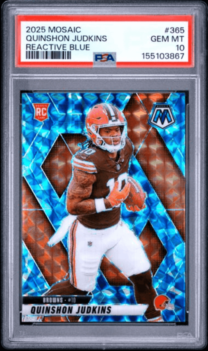 Graded 2025 Panini Mosaic Quinshon Judkins #365 Reactive Blue Rookie RC Football Card PSA 10 Gem Mint