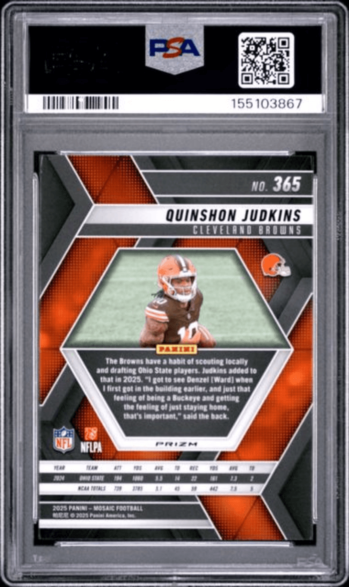 Graded 2025 Panini Mosaic Quinshon Judkins #365 Reactive Blue Rookie RC Football Card PSA 10 Gem Mint