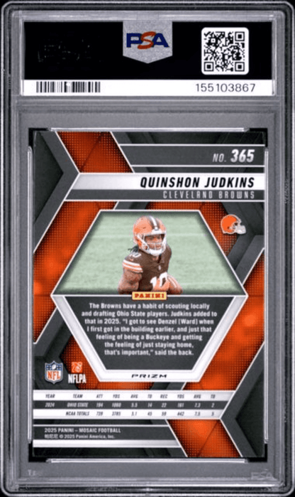 Graded 2025 Panini Mosaic Quinshon Judkins #365 Reactive Blue Rookie RC Football Card PSA 10 Gem Mint