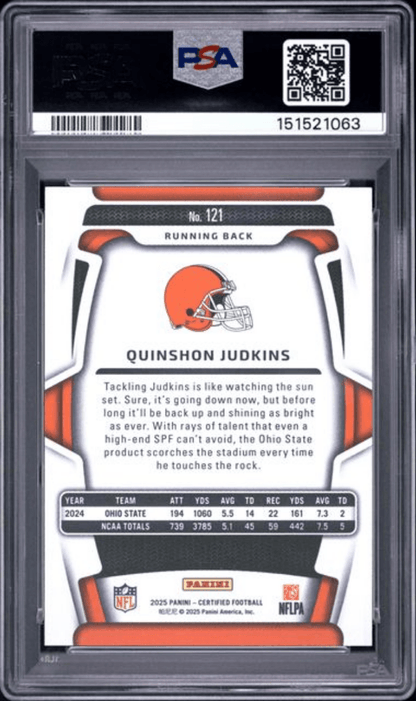Graded 2025 Panini Certifed Quinshon Judkins #121 Mirror Teal/75 Rookie RC Football Card PSA 10 Gem Mint