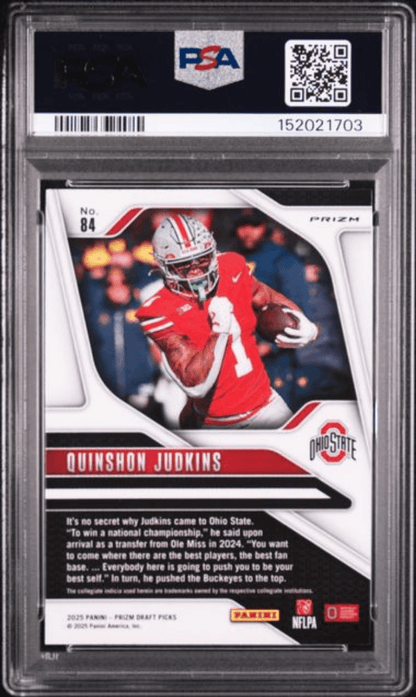 Graded 2025 Panini Prizm Draft Picks Quinshon Judkins #84 Red Ice Rookie RC Football Card PSA 10 Gem Mint