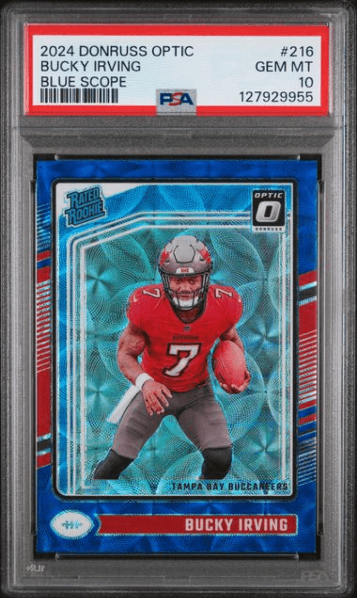 Graded 2024 Panini Donruss Optic Bucky Irving #216 Blue Scope Rookie RC Football Card PSA 10 Gem Mint