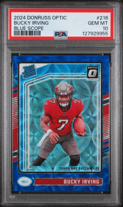 Graded 2024 Panini Donruss Optic Bucky Irving #216 Blue Scope Rookie RC Football Card PSA 10 Gem Mint