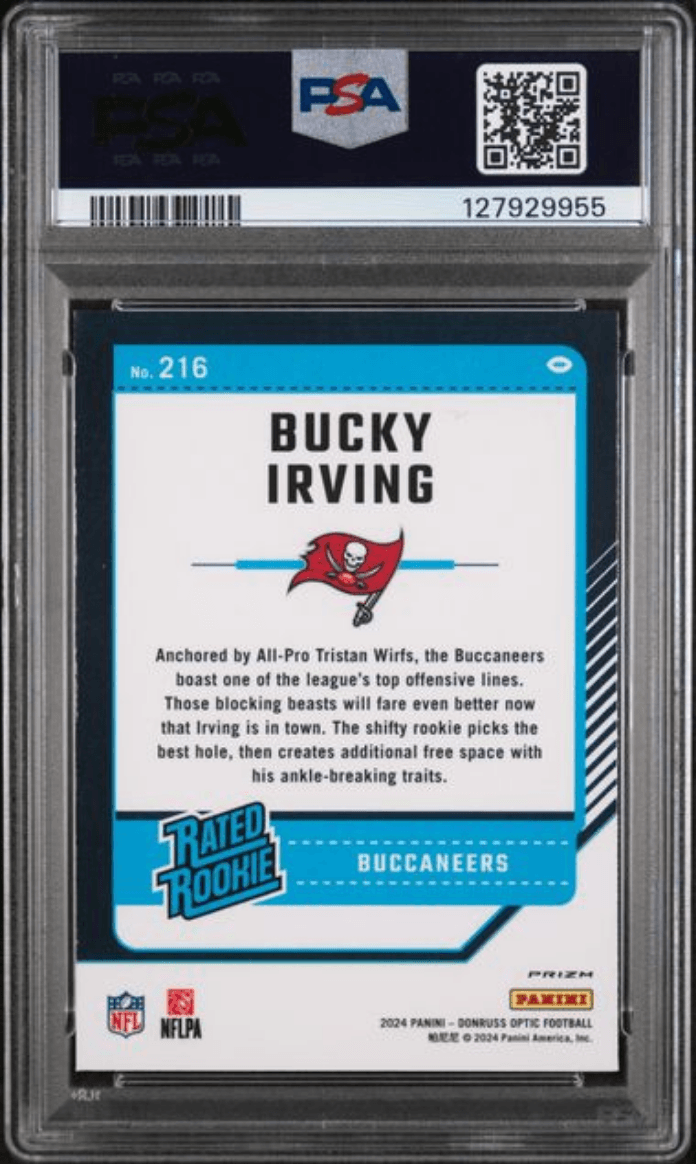 Graded 2024 Panini Donruss Optic Bucky Irving #216 Blue Scope Rookie RC Football Card PSA 10 Gem Mint