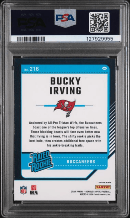 Graded 2024 Panini Donruss Optic Bucky Irving #216 Blue Scope Rookie RC Football Card PSA 10 Gem Mint