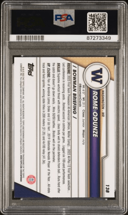 Graded 2023 Topps Bowman U Chrome Rome Odunze #138 Rookie RC Football Card PSA 10 Gem Mint