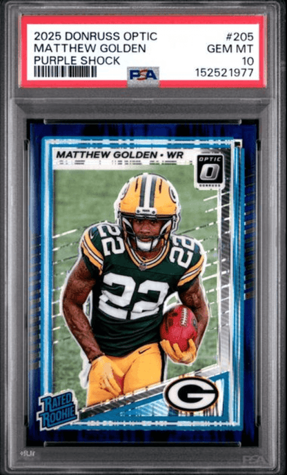 Graded 2025 Panini Donruss Optic Matthew Golden #205 Purple Shock Rookie RC Football Card PSA 10 Gem Mint