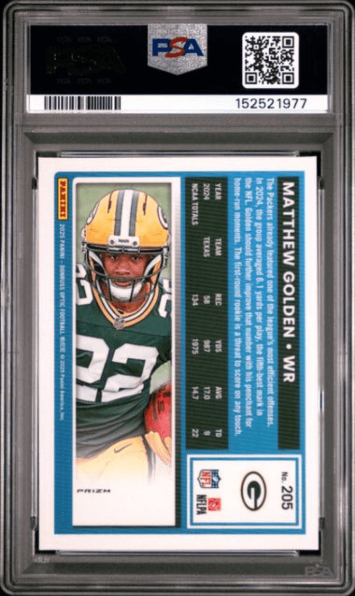 Graded 2025 Panini Donruss Optic Matthew Golden #205 Purple Shock Rookie RC Football Card PSA 10 Gem Mint