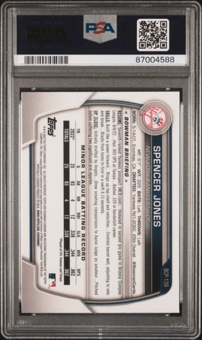 Graded 2023 Topps Bowman Chrome Mega Box Spencer Jones #139 Rookie RC Baseball Card PSA 10 Gem Mint