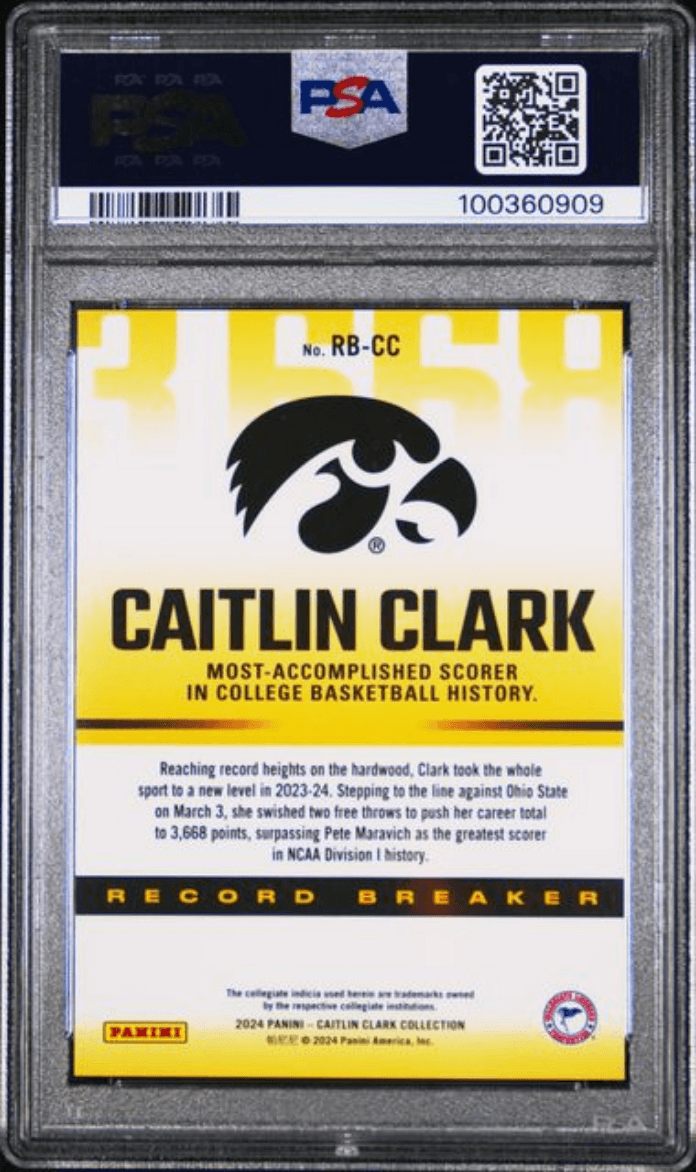 Graded 2024 Panini Caitlin Clark Collection Caitlin Clark #RBCC Record Breaker Rookie RC Basketball Card PSA 9 Mint