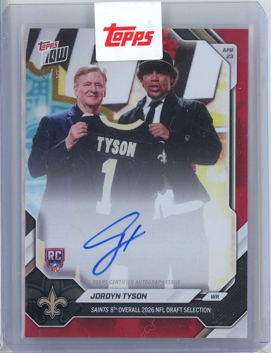 2026 Topps Now Jordyn Tyson #JTYS Red Foil Auto /5 Saints 8th Overall 2026 NFL Draft Selection New Orleans Saints Rookie RC Football Card