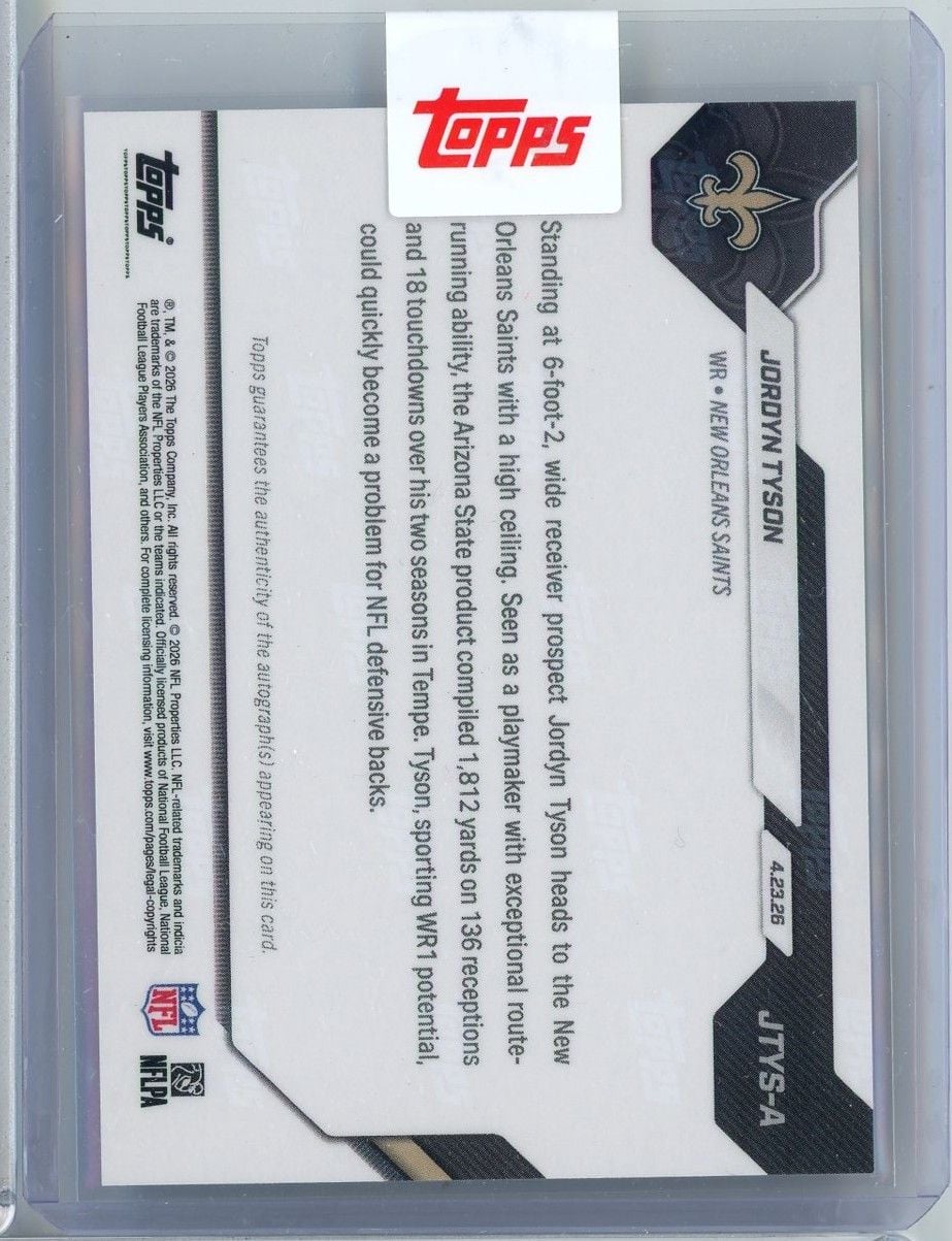 2026 Topps Now Jordyn Tyson #JTYS Red Foil Auto /5 Saints 8th Overall 2026 NFL Draft Selection New Orleans Saints Rookie RC Football Card