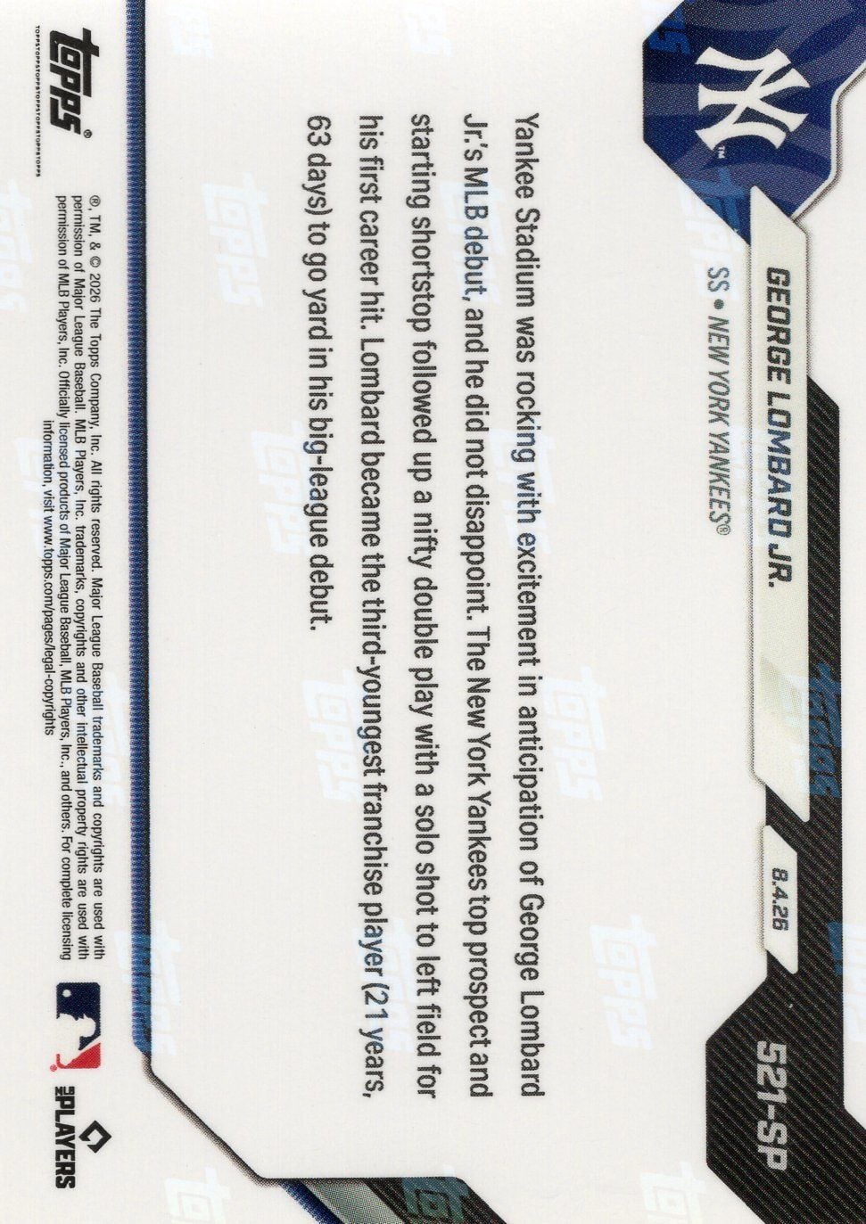 2026 Topps Now George Lombard Jr #521SP Yankees Top Prospect Slugs HR for 1st MLB Hit New York Yankees Rookie RC Baseball Card