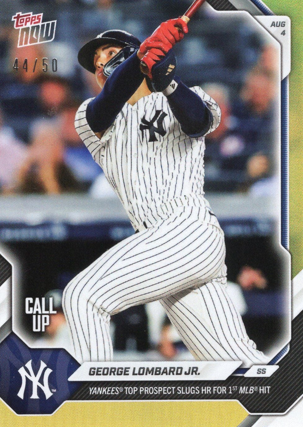2026 Topps Now George Lombard Jr #521 Gold Foil /50 Yankees Top Prospect Slugs HR for 1st MLB Hit New York Yankees Rookie RC Baseball Card