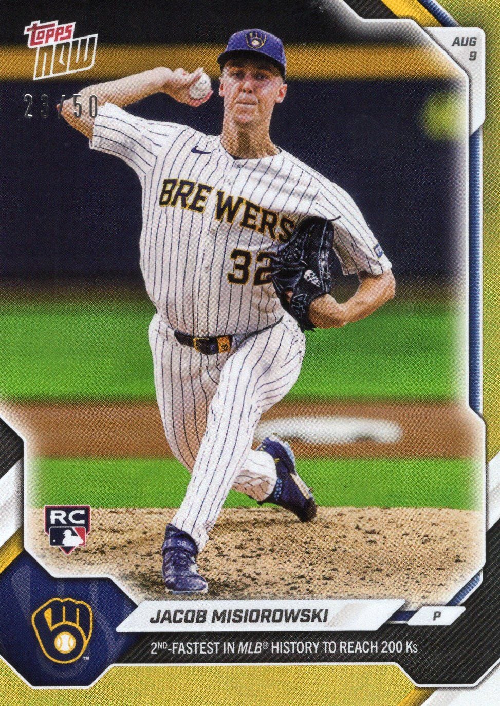 2026 Topps Now Jacob Misiorowski #543 Gold Foil /50 2nd Fastest in MLB History to Reach 200Ks Milwaukee Brewers Rookie RC Baseball Card