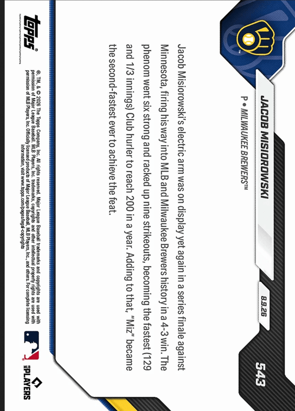 2026 Topps Now Jacob Misiorowski #543 Gold Foil /50 2nd Fastest in MLB History to Reach 200Ks Milwaukee Brewers Rookie RC Baseball Card